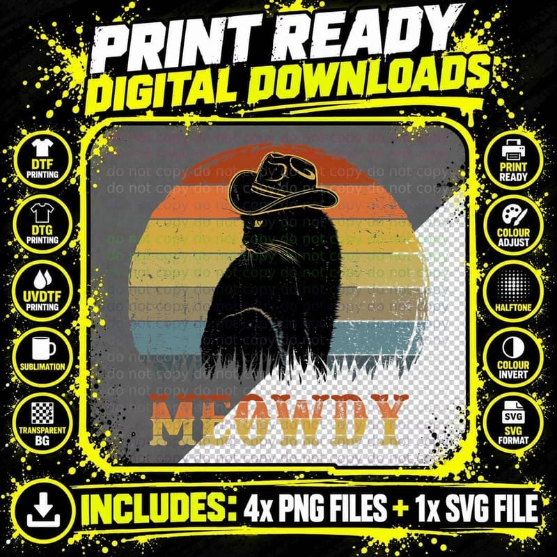 Meowdy Black Cat-Shirt Kitten Lover Gift Meow Vintage Png SVG Digital Bundle