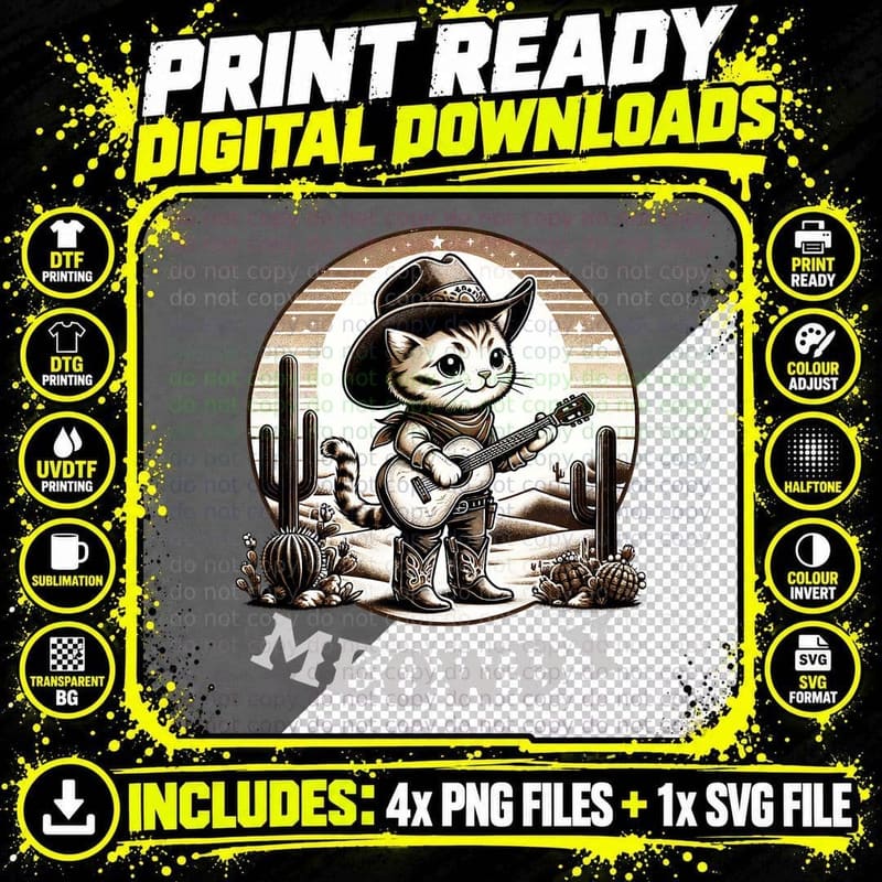 Meowdy Cat Cowboy Hat Country Lover T-Shirt Png SVG Digital Bundle
