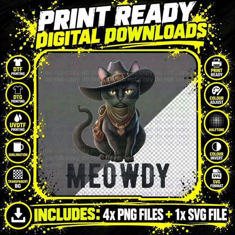 Meowdy Funny Cat Country Music Kitten Cowboy Hat Vintage Png SVG Digital Bundle