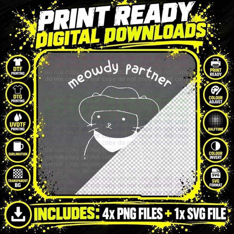 Meowdy Partner Howdy Cowboy Cat T-Shirt Png SVG Digital Bundle