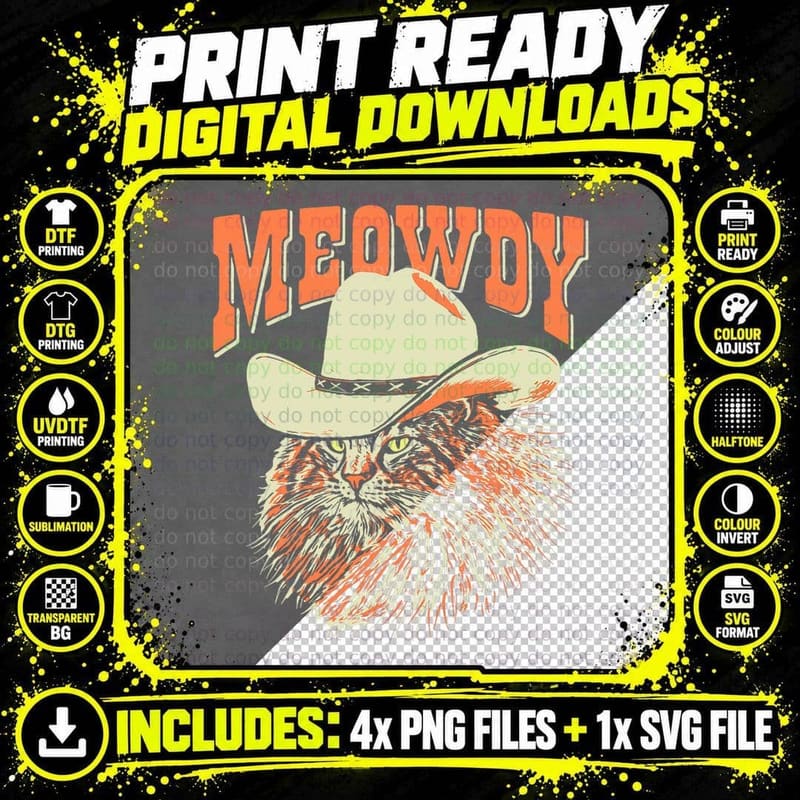 Meowdy! Funny Country Music Cat Cowboy Hat Vintage Png SVG Digital Bundle
