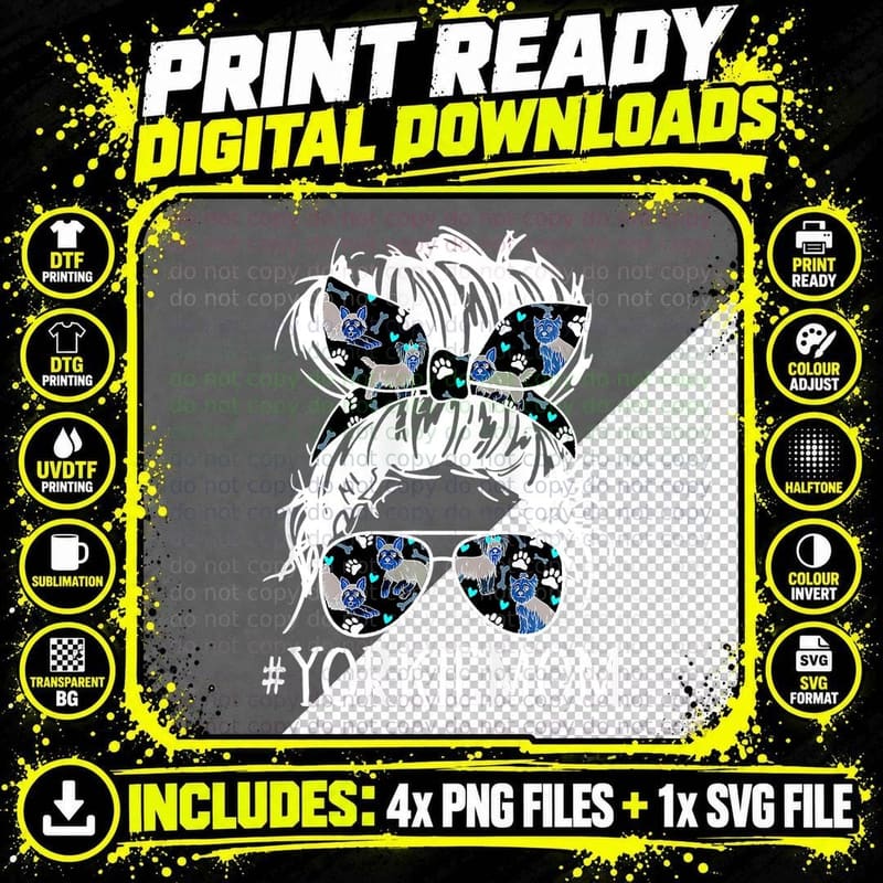 Messy Bun Hair Mom Sunglasses Headband Yorkie Mom Dog Png SVG Digital Bundle