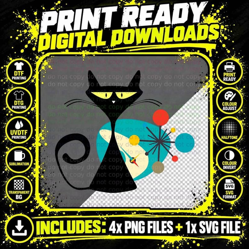 Midcentury Mid Century Cat Retro Atomic Age Space Modern Png SVG Digital Bundle