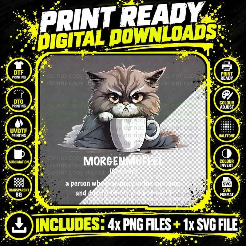 Morgenmuffel Morning Grouch Cute Grumpy in Morning Cat Png SVG Digital Bundle