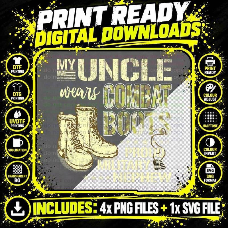 My Uncle Wears Combat Boots Dog Tags Proud Military Png SVG Digital Bundle