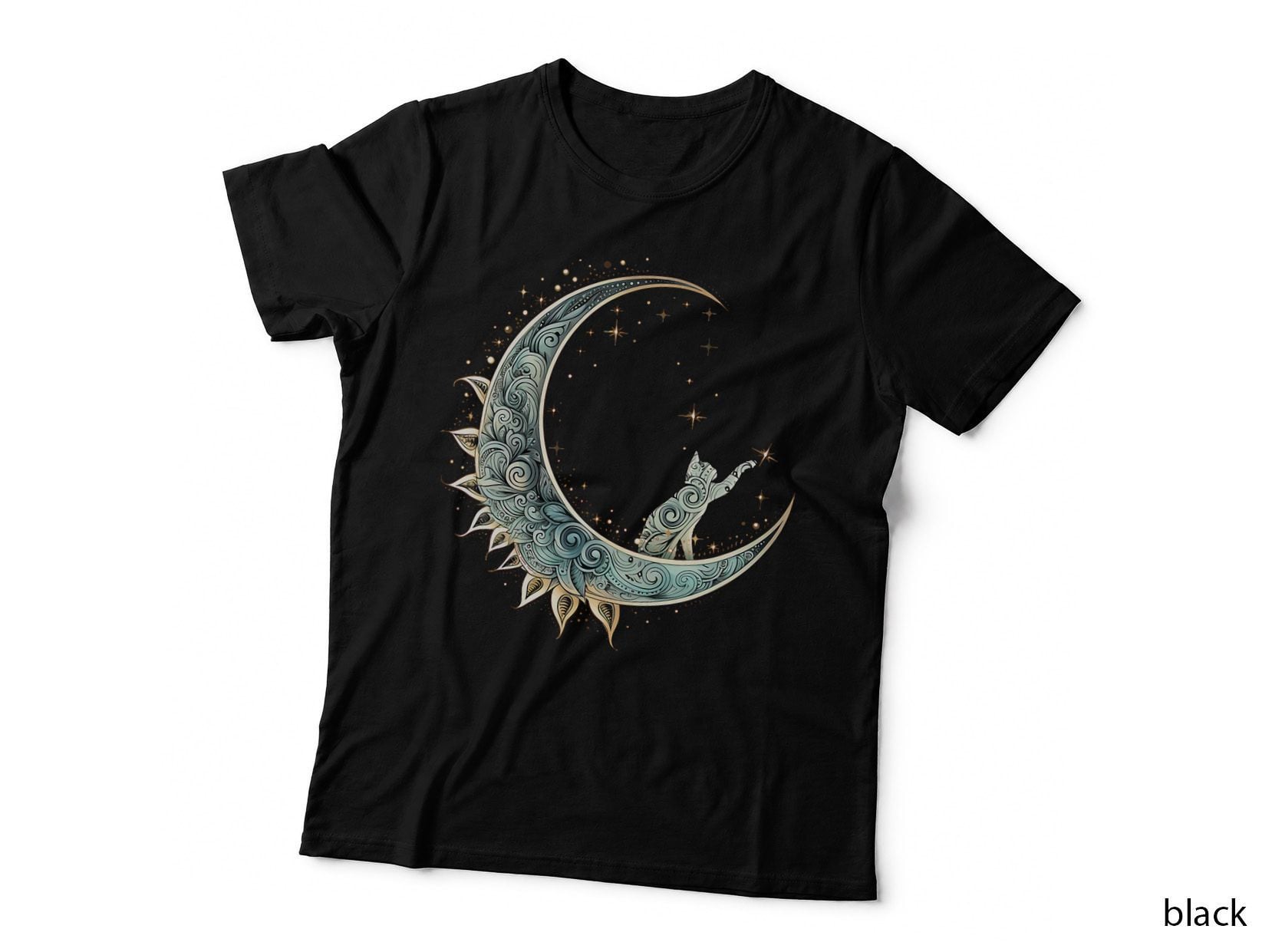 Mystical Aesthetic Cat Sitting on Crescent Moon Lunar Cat T-Shirt