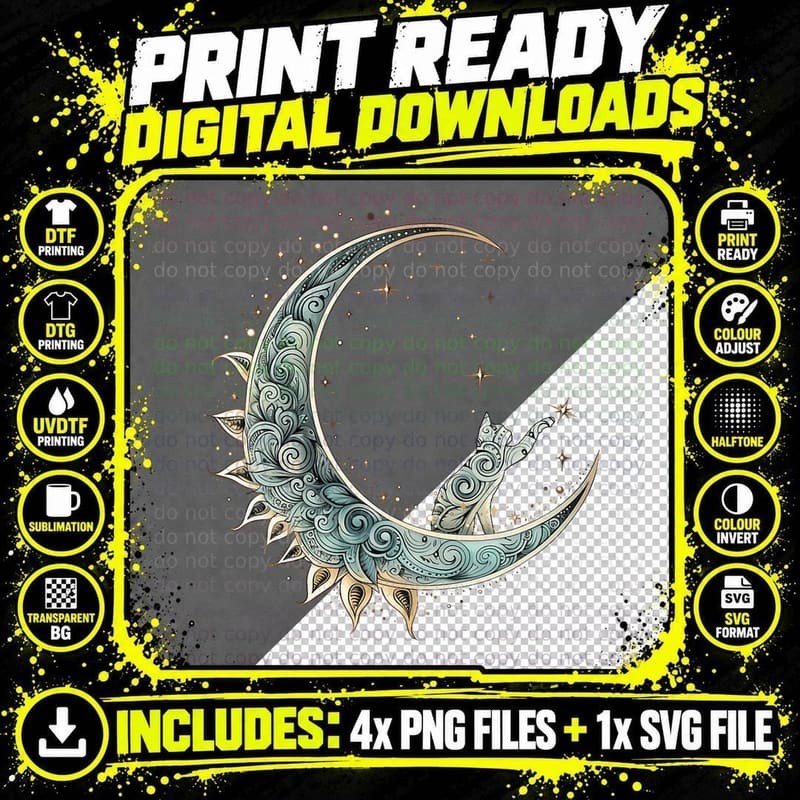 Mystical Aesthetic Cat Sitting on Crescent Moon Lunar Png SVG Digital Bundle