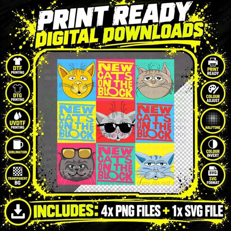 New Cats on the Block Funny Pop Culture Cat Themed Party Png SVG Digital Bundle