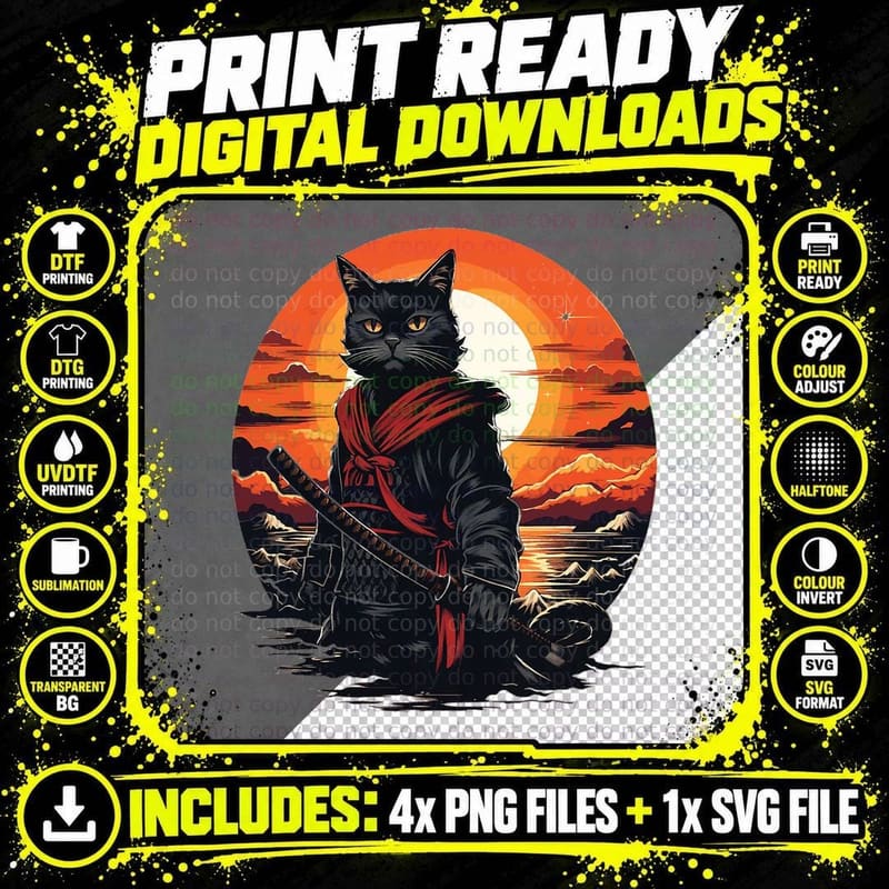 Ninja Japanese Samurai Cat Graphic T-Shirt Png SVG Digital Bundle