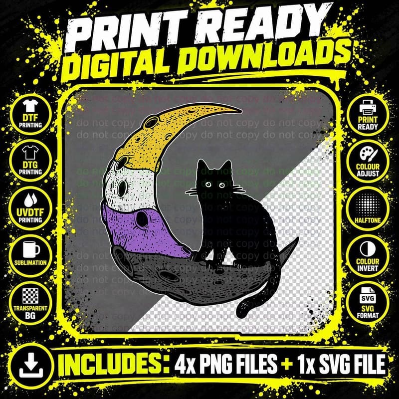 Nonbinary Moon Space Cat LGBT Pride with NB Non-Binary Png SVG Digital Bundle