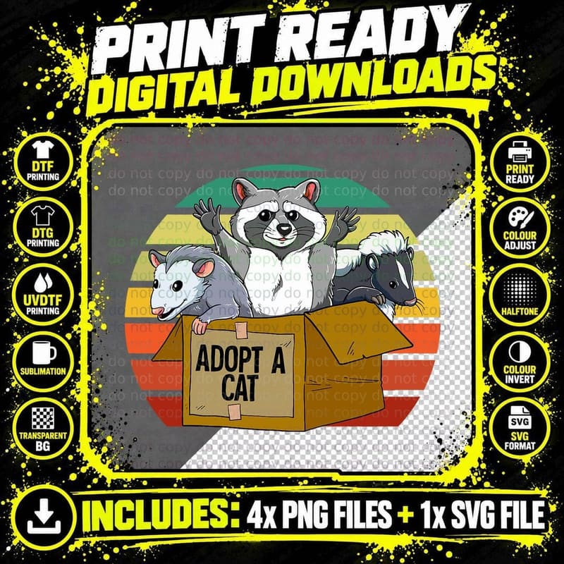 Opossum Raccoon Rat Adopt a Cat T-Shirt Png SVG Digital Bundle
