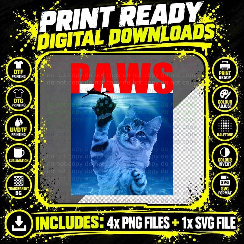 PAWS Funny Cat . Parody for Shark and Cat Lovers T-Shirt Png SVG Digital Bundle