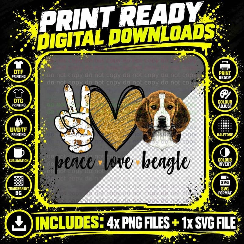 Peace Love Beagle Funny Gift Dog Lover T-Shirt Png SVG Digital Bundle