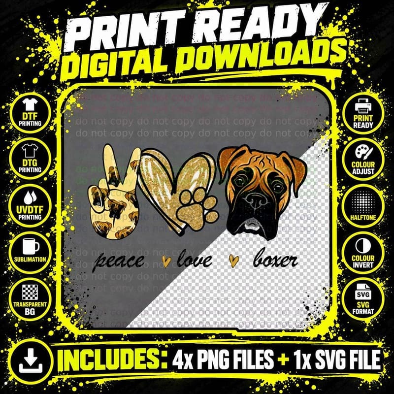 Peace Love Boxer Dog Boxer Dog Lover Gift T-Shirt Png SVG Digital Bundle