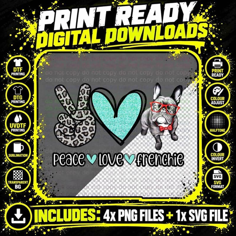 Peace Love Frenchie Dog for Men and Women Who Loves Dog Png SVG Digital Bundle