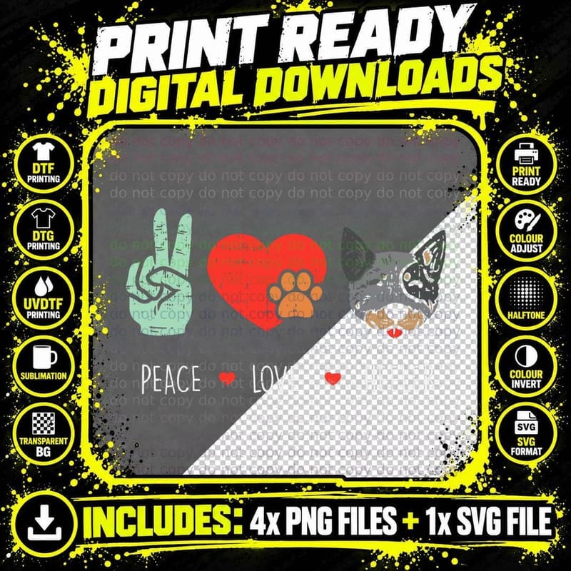 Peace Love Heeler Pet Red Blue Cattle Dog Hippie Hippy Png SVG Digital Bundle