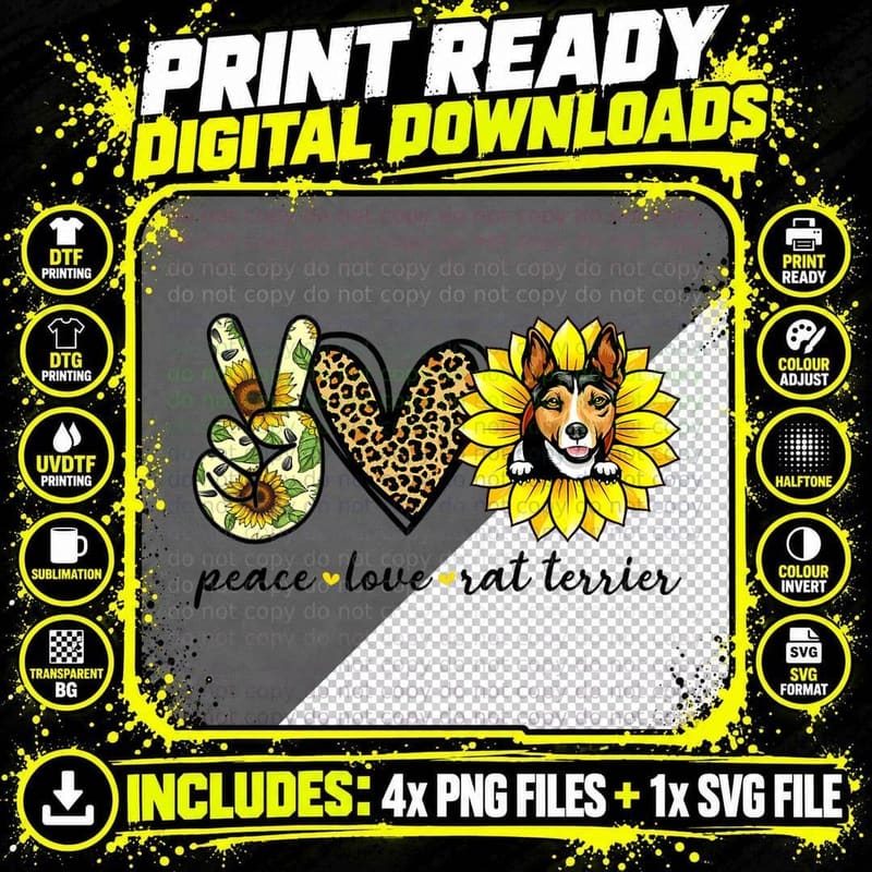 Peace Love Rat Terrier Dog Sunflower T-Shirt Png SVG Digital Bundle