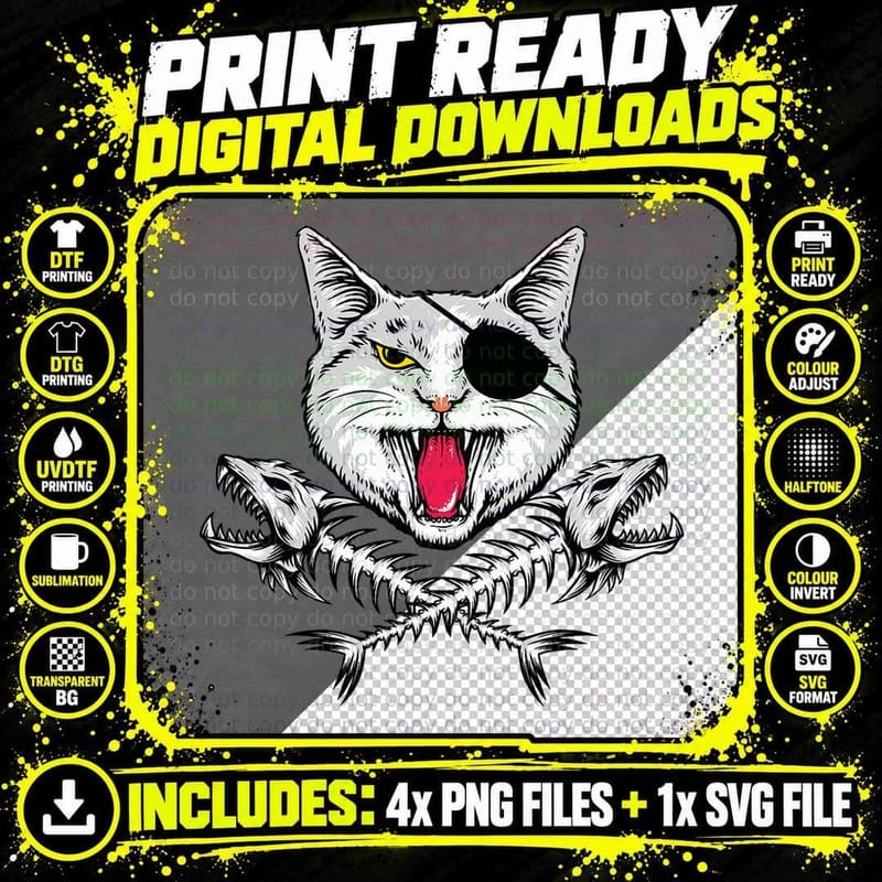Pirate Cat Jolly Roger Flag Skull and Crossbones T-Shirt Png SVG Digital Bundle
