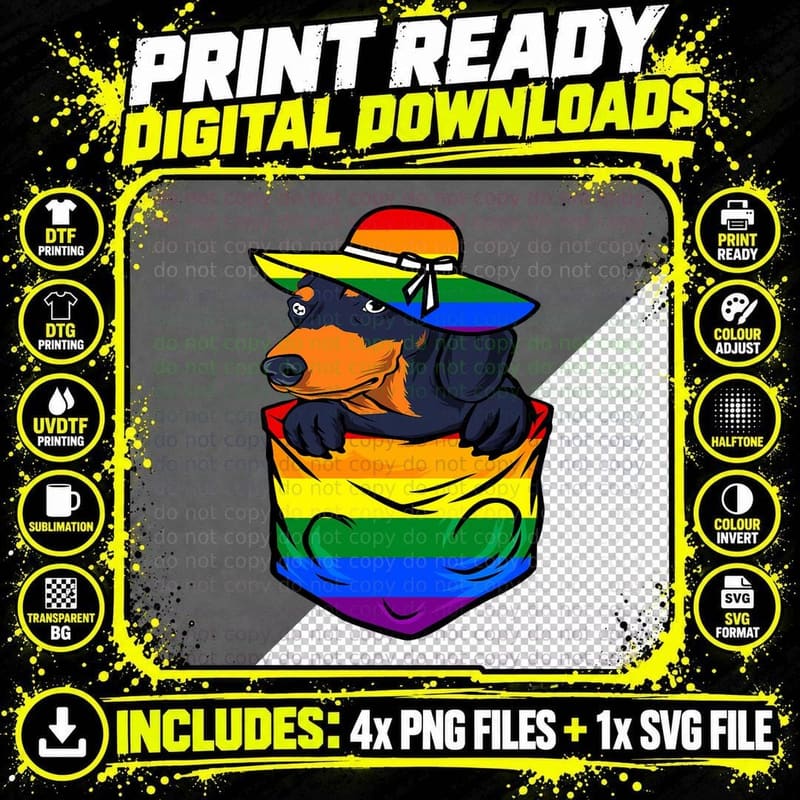 Pocket Dachshund LGBT-Q Doxie Dog Gay Pride Rainbow Flag Png SVG Digital Bundle