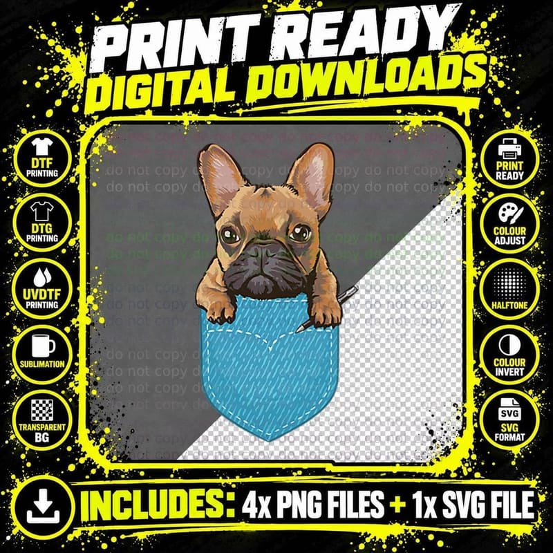 Pocket Frenchie Bulldog Dog Animal Kids Gift French Png SVG Digital Bundle