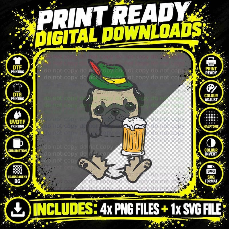 Pocket Pug Feet German Hat Oktoberfest Cute Dog Men Png SVG Digital Bundle