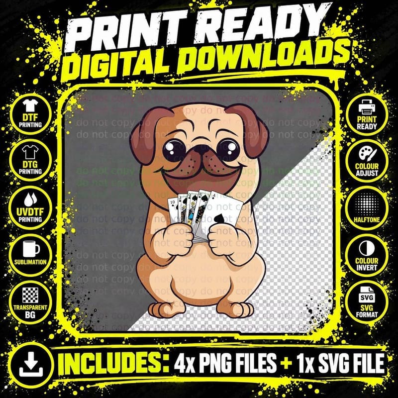 Poker Pug Lover Cute Dog Playing Cards Gambler Gambling Png SVG Digital Bundle