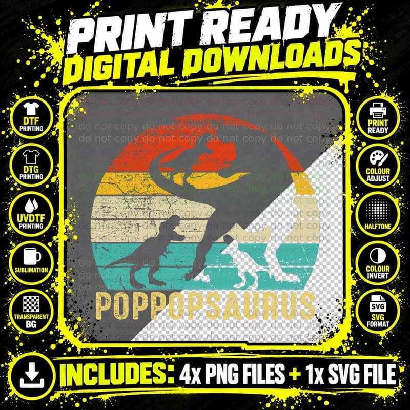 Poppopsaurus T Rex Pop Pop Dinosaur 3 Kids Father's Day Png SVG Digital Bundle