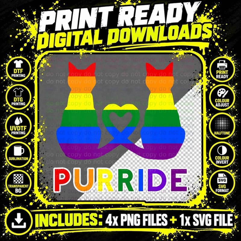 Pride Cat Purride Gay LGBTQ Rainbow Flag Retro Style Png SVG Digital Bundle