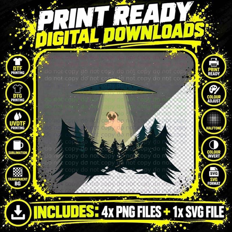 Pug Alien Abduction - T-Shirt - UFO - Adorable Dog Shirt Png SVG Digital Bundle