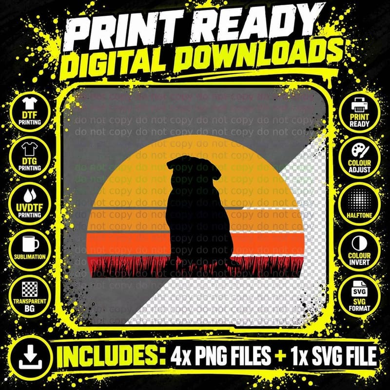 Pug Dog Doggie Pup Puppy Sunset Orange Black Retro Cute Png SVG Digital Bundle