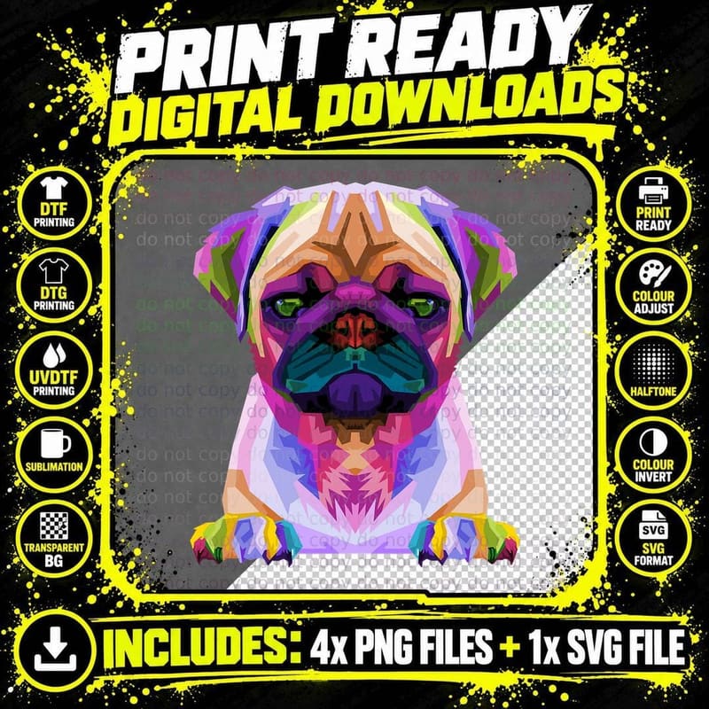 Pug Pop Art Colorful Portrait Carlino for Dog Lovers Png SVG Digital Bundle