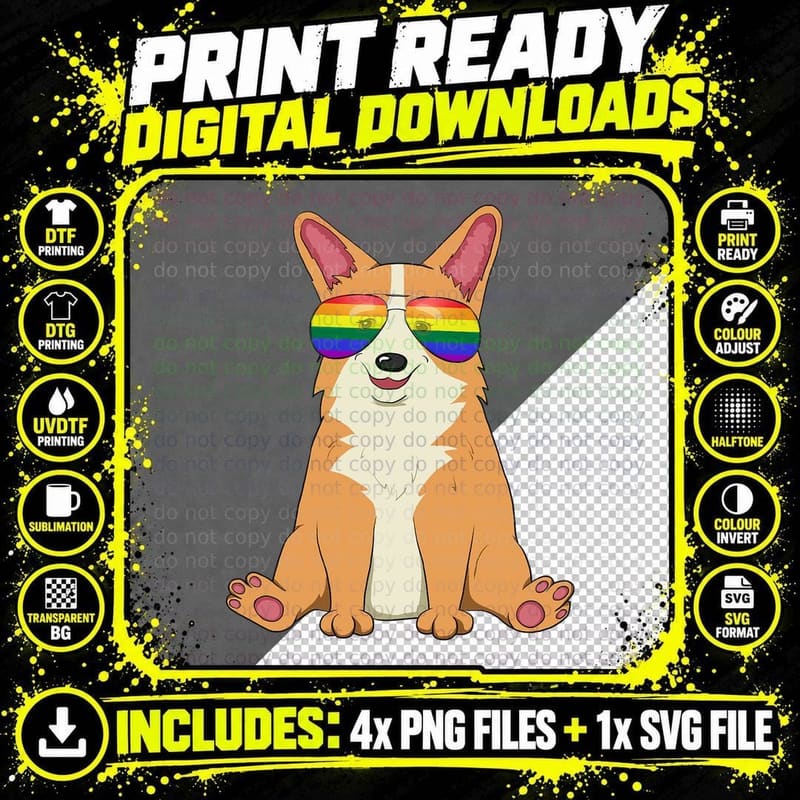 Puppy & Rainbow Glasses Cute Corgi Dog Lover LGBT Pride Png SVG Digital Bundle