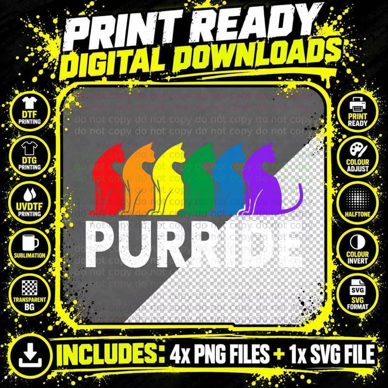 Purride Cat Lover Pride Month Gay Rights Rainbow Cat Png SVG Digital Bundle