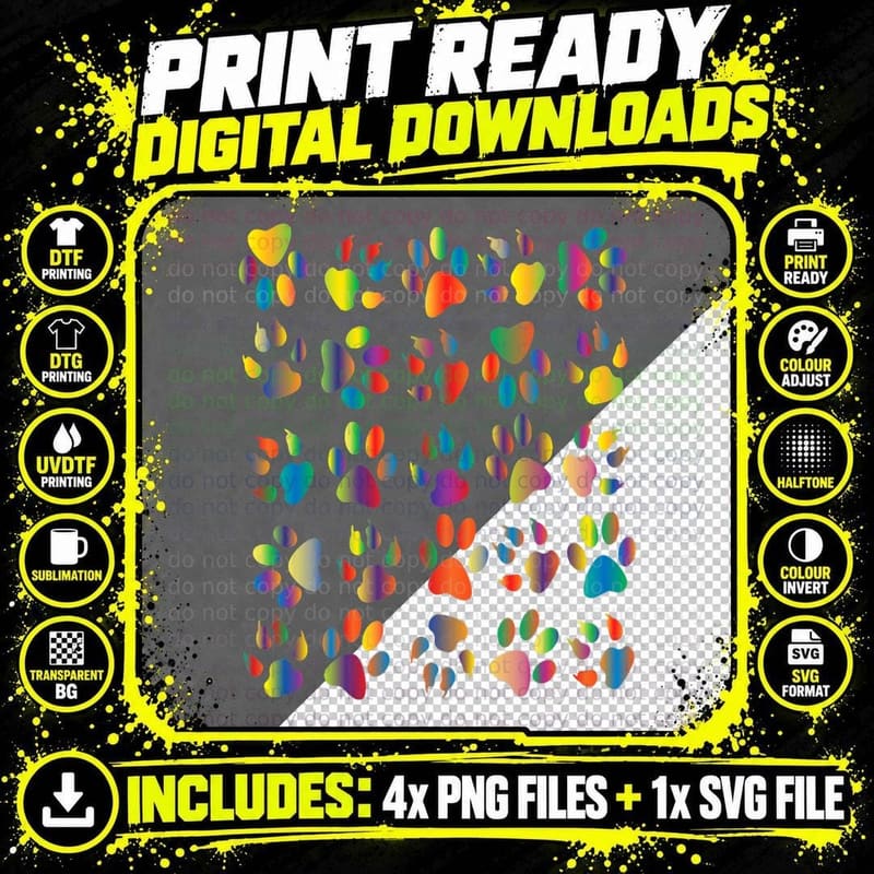 Rainbow Colored Cat and Dog Paw Print T-Shirt Png SVG Digital Bundle