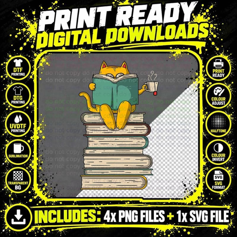 Reading Cat - Funny Book & Tea Lover Gift T-Shirt Png SVG Digital Bundle