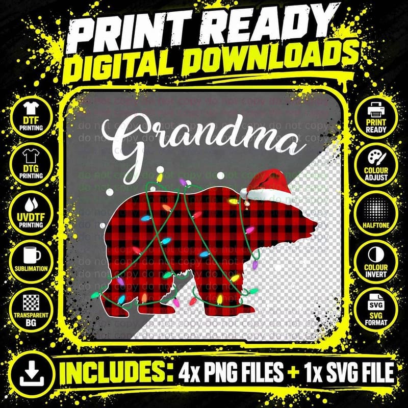Red Plaid Grandma Bear Matching Buffalo Pajama Png SVG Digital Bundle
