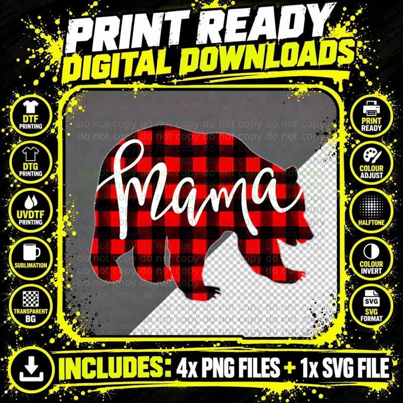 Red Plaid Mama Bear Matching Pajama Family Buffalo Momma Png SVG Digital Bundle