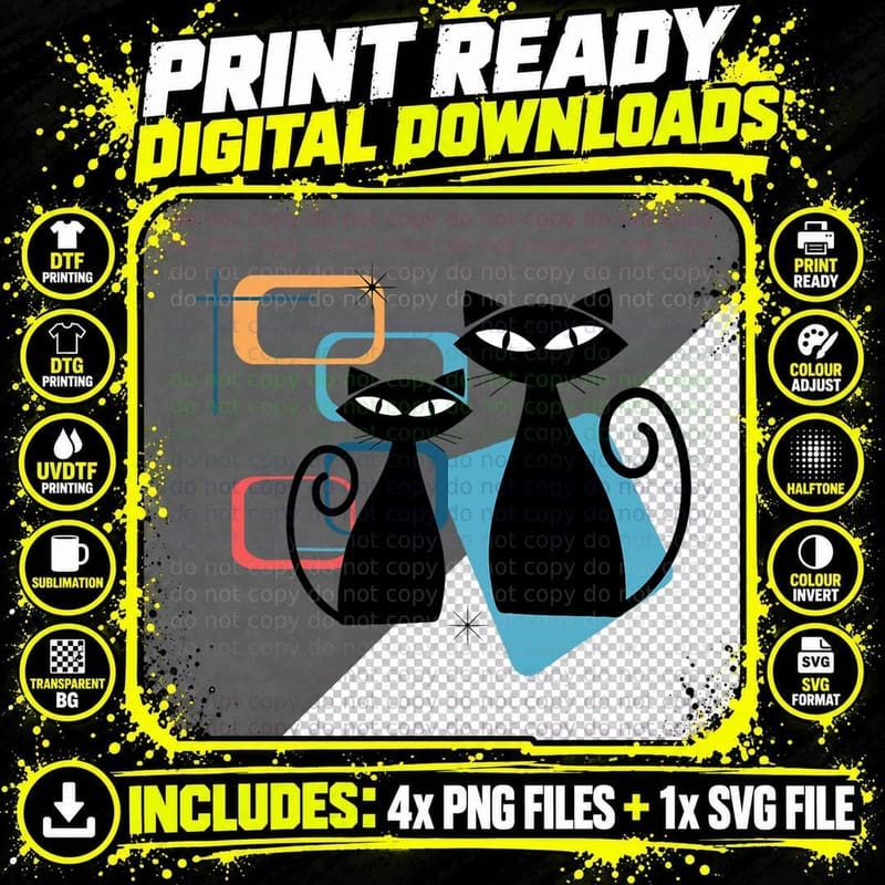 Retro Atomic Age Mid-Century Twin Cat Vintage Modern Png SVG Digital Bundle