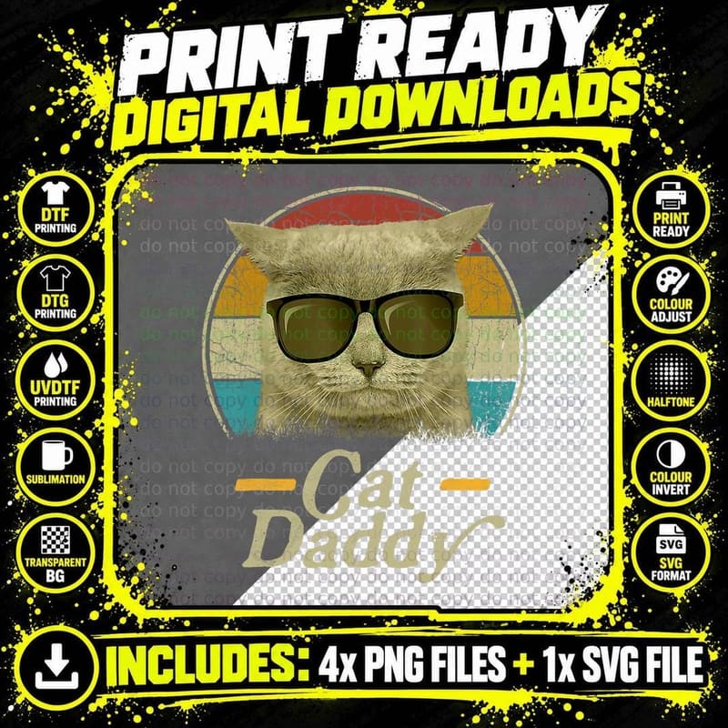Retro Cat Daddy 80s 90S Style Cat Retro Cat Sunglasses Png SVG Digital Bundle