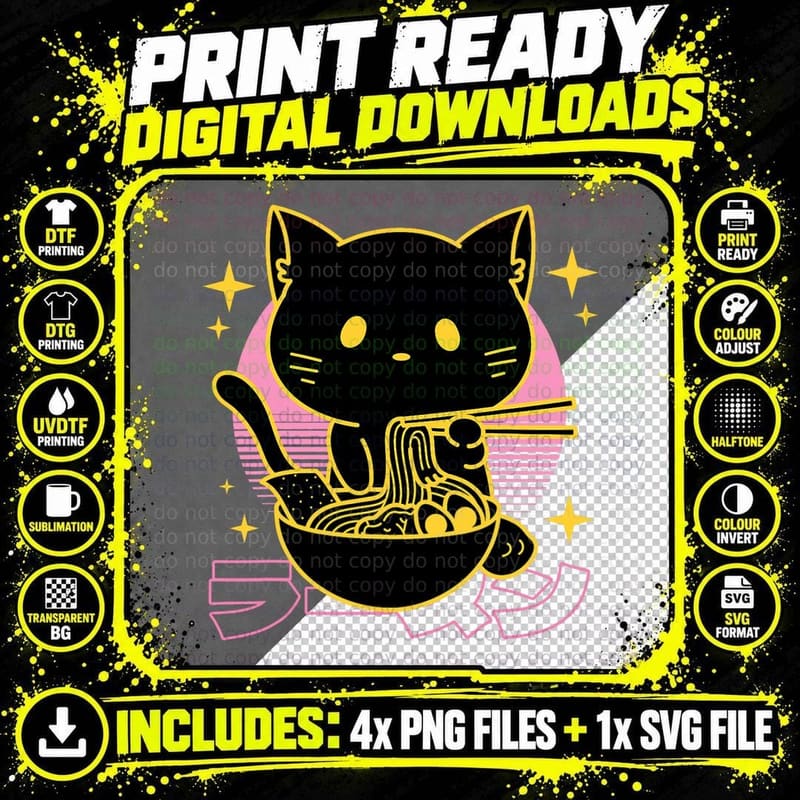 Retro Cat Eating Ramen Noodles Japanese Aesthetic Png SVG Digital Bundle