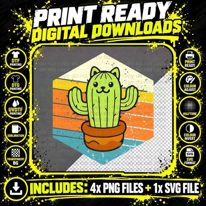 Retro Catcus, Cactus Cat, Plant for Men Women Png SVG Digital Bundle
