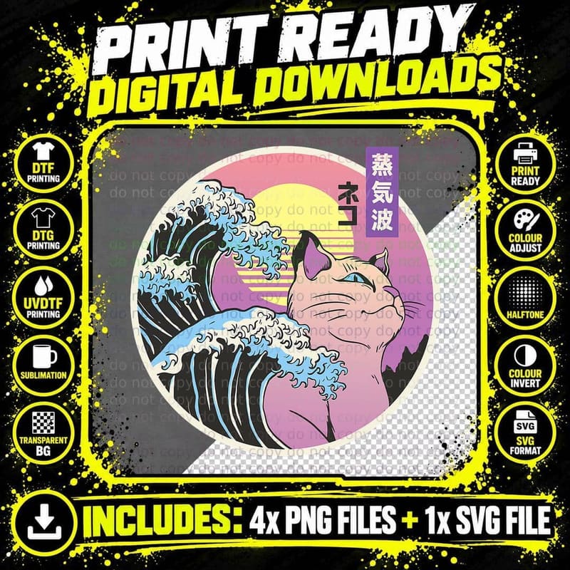 Retro Great Wave Japanese Vaporwave Cat 90's Aesthetic Png SVG Digital Bundle
