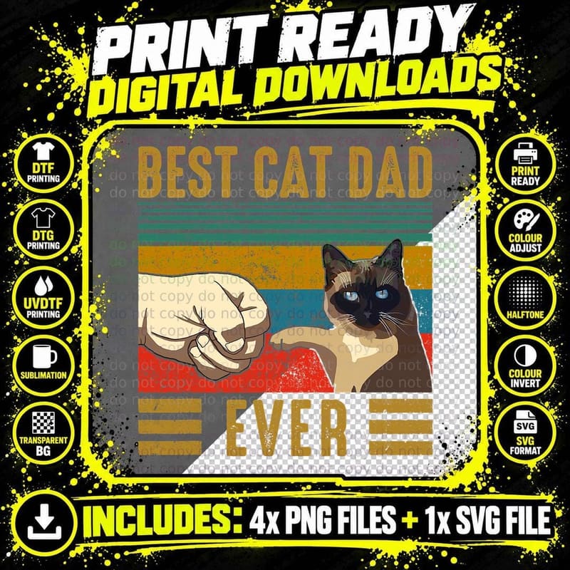 Retro Vintage Best Cat Dad Ever Fathers Day Siamese Cat Png SVG Digital Bundle