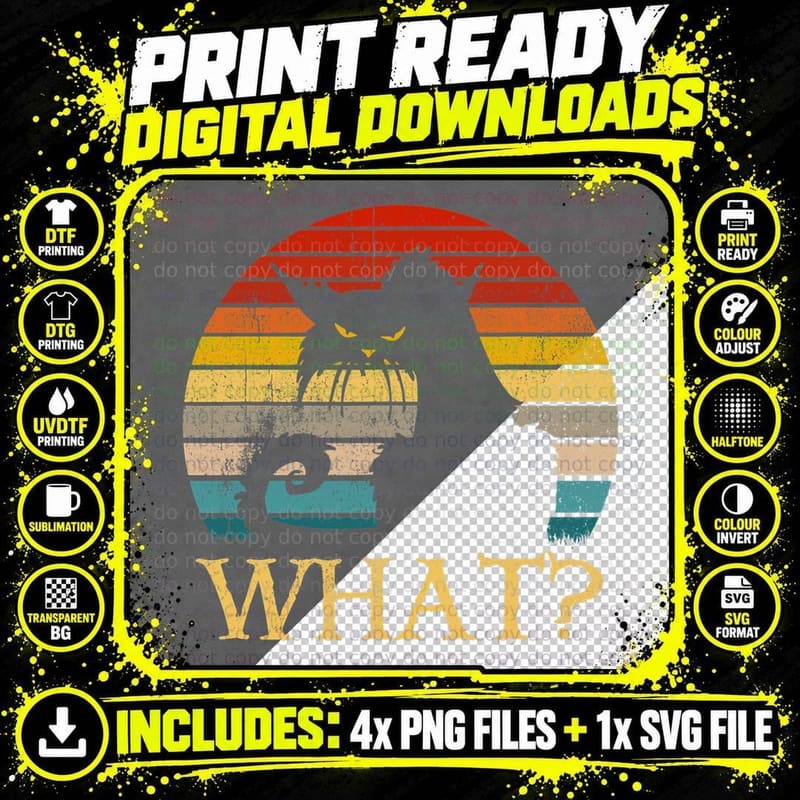 Retro Vintage Cat What Funny Black Cat Shirt Png SVG Digital Bundle