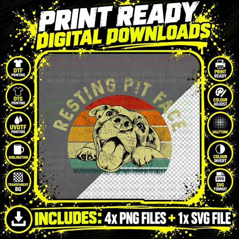 Retro Vintage Resting Pit Face Pitbull Funny Dog Lovers Png SVG Digital Bundle