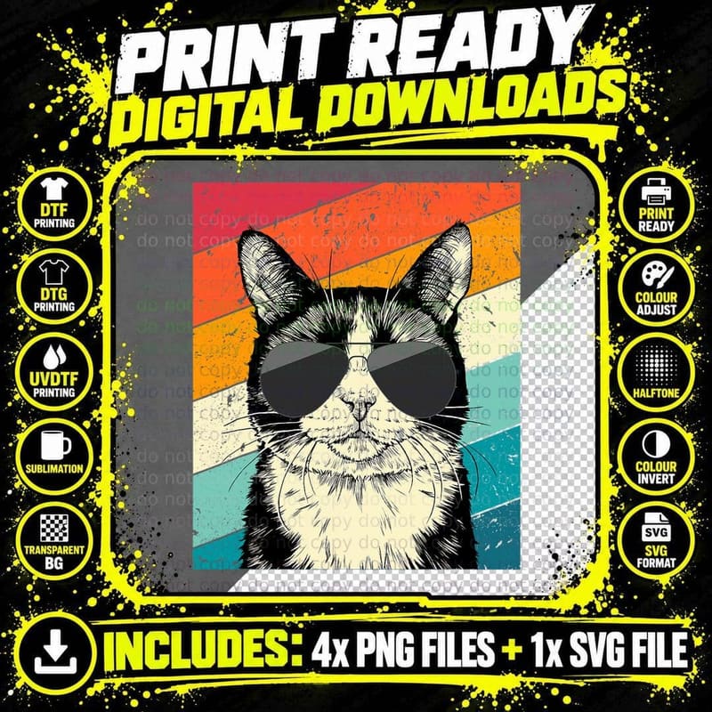 Retro Vintage Tuxedo Cat with Sunglasses Cat Lovers Png SVG Digital Bundle