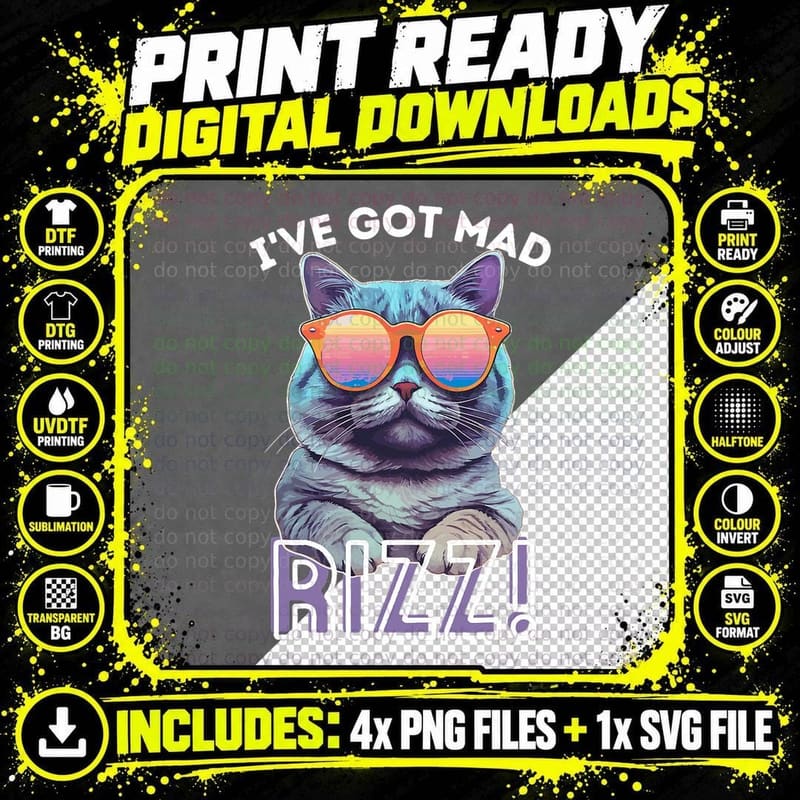 Rizz Teen Cat - Cute Rizz Design with Cat in Sunglasses Png SVG Digital Bundle