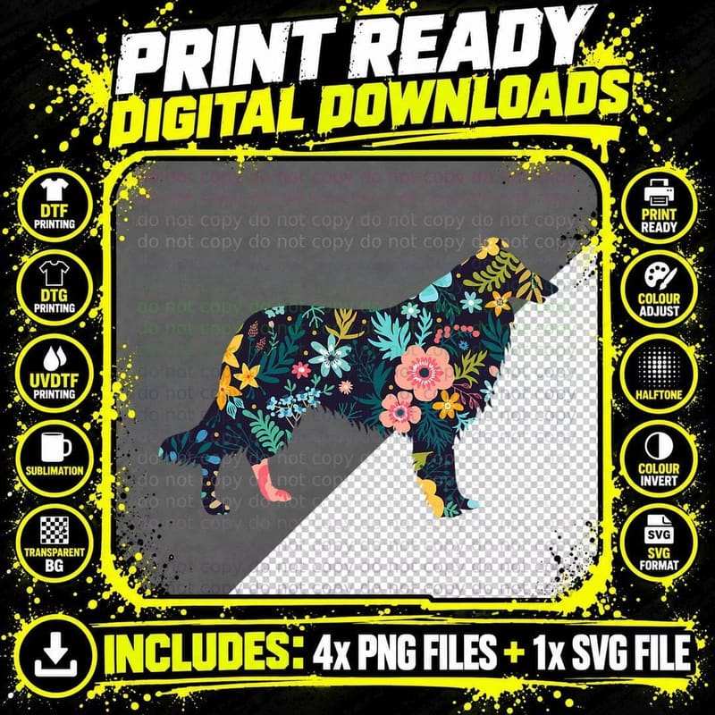 Rough Collie Floral Dog Silhouette Graphic T-Shirt Png SVG Digital Bundle