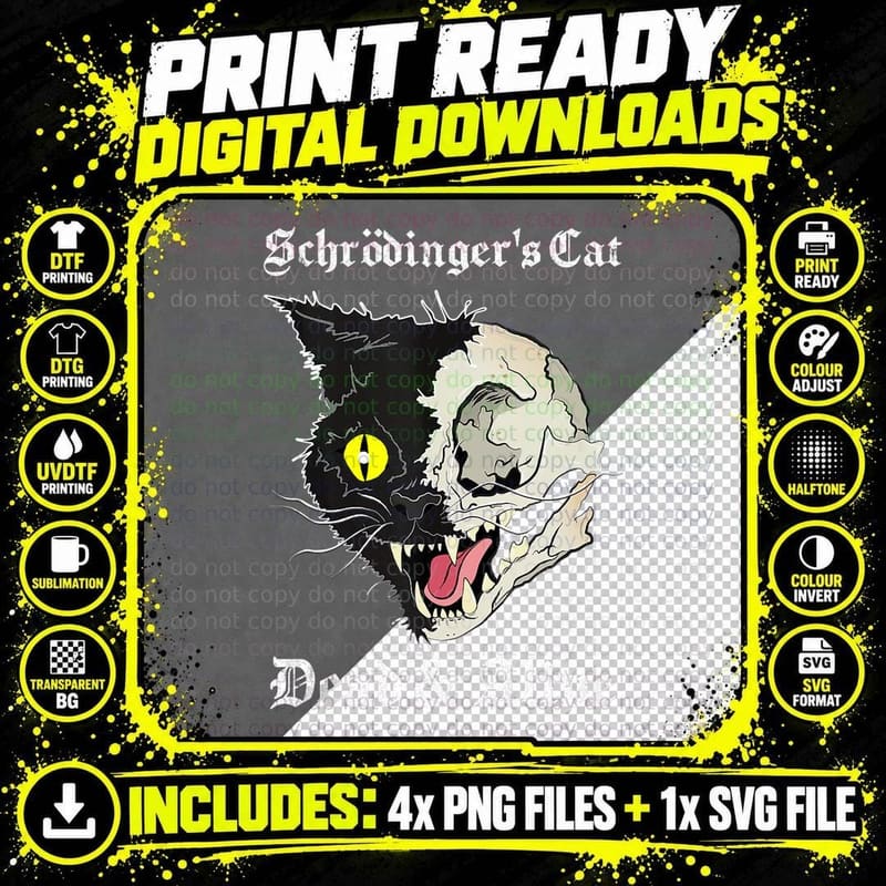 Schrodinger's Black Cat Dead & Alive Quantum Paradox Png SVG Digital Bundle