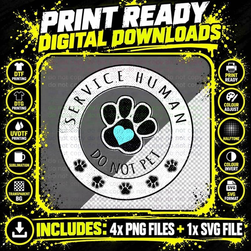 Service Human Do Not Pet Dog Lovers Paw Print Heart Png SVG Digital Bundle